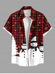 Chemise à Carreaux Bonhomme de Neige Flocon de Neige et Sapin de Noël Imprimés de Grande Taille avec Poche pour Homme - Rouge 2XL