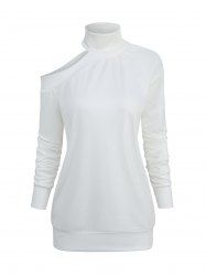T-shirt en Couleur Unie Epaule Dénudée Manches Longues à Col Haut - Blanc S