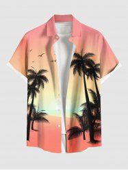 Plus Size Coconut Tree Bird Ombre Print Hawaii Buttons Pocket Shirt For Men -  