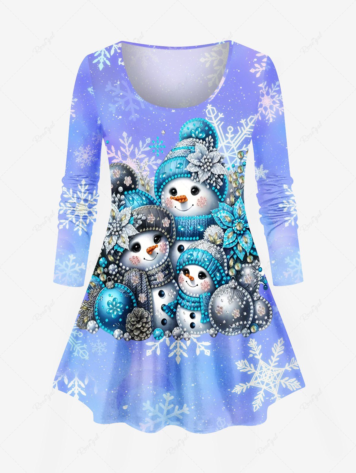 Affordable Plus Size Christmas Ball Flower Snowman Hat Scarf Snowflake Print T-shirt  