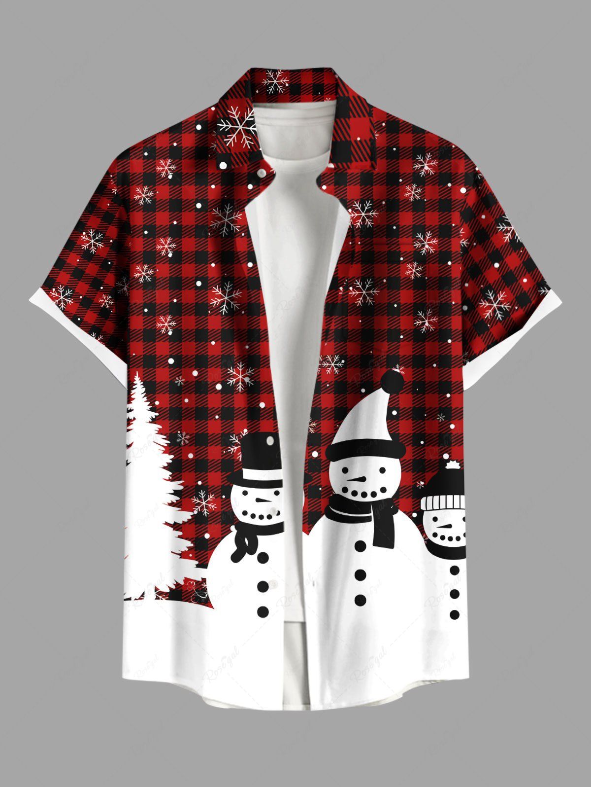 Chemise à Carreaux Bonhomme de Neige Flocon de Neige et Sapin de Noël Imprimés de Grande Taille avec Poche pour Homme Rouge 2XL