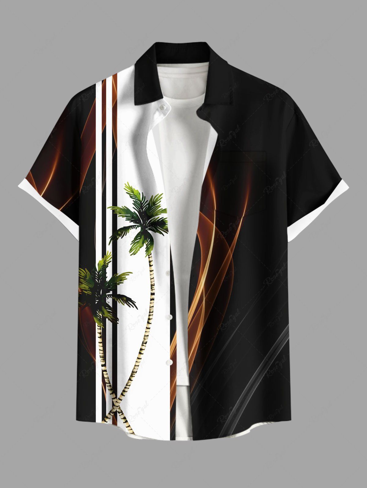 Unique Plus Size Coconut Tree Two Tone Colorblock Light Beam Print Buttons Pocket Hawaii Shirt For Men  