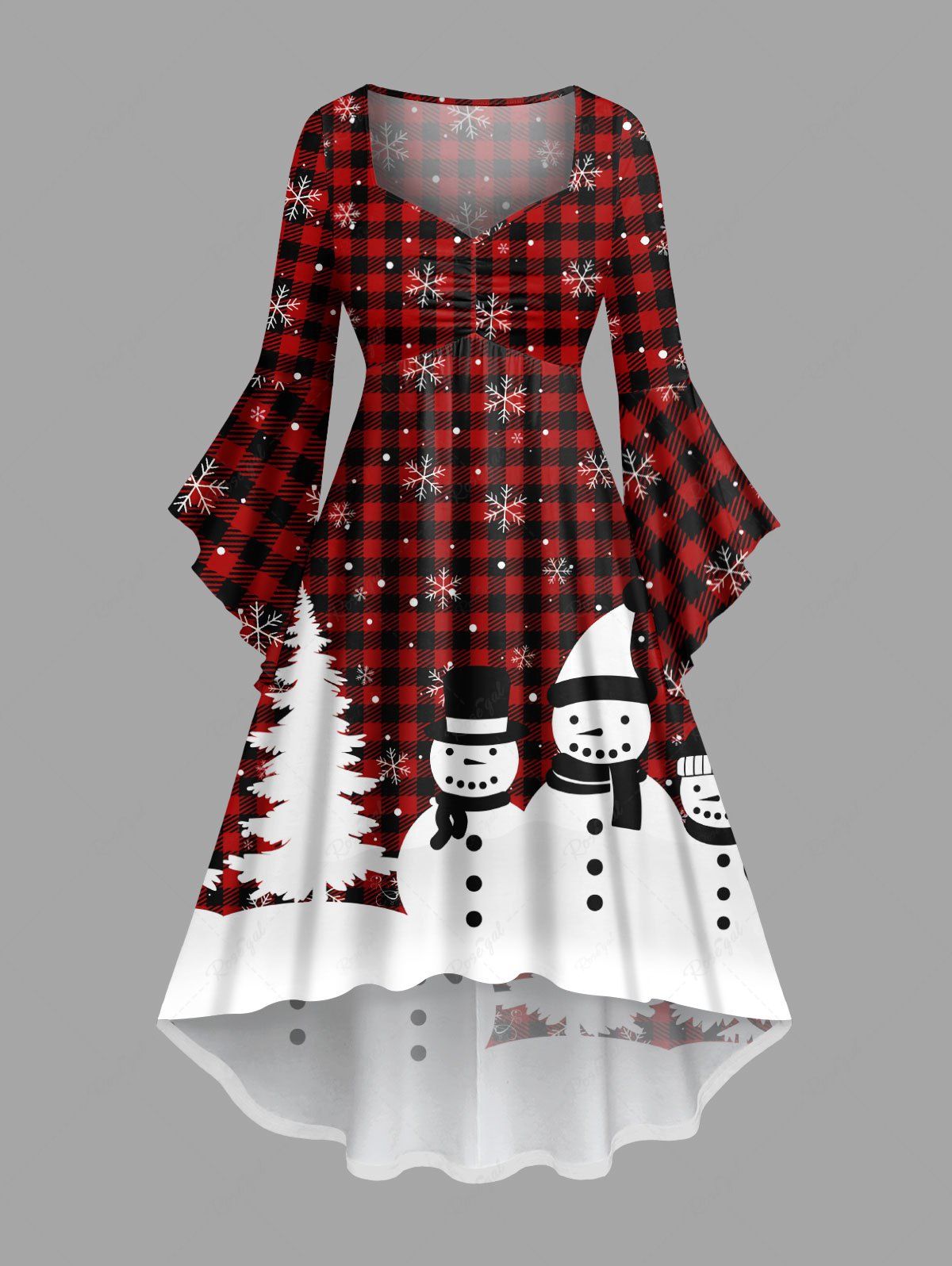 Best Plus Size Christmas Tree Plaid Snowman Snowflake Print Ruched Flare Sleeve High Low Dress  