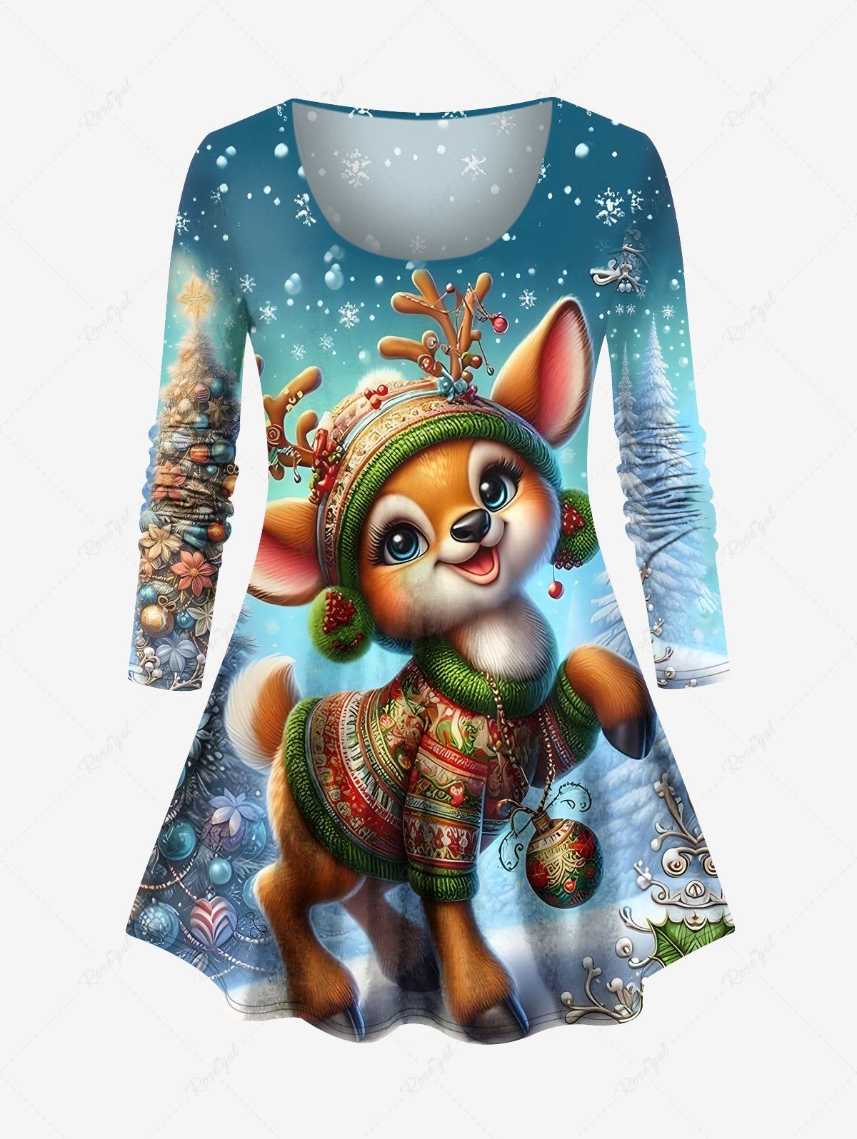 Store Plus Size Christmas Tree Ball Elk Snowflake Print T-shirt  