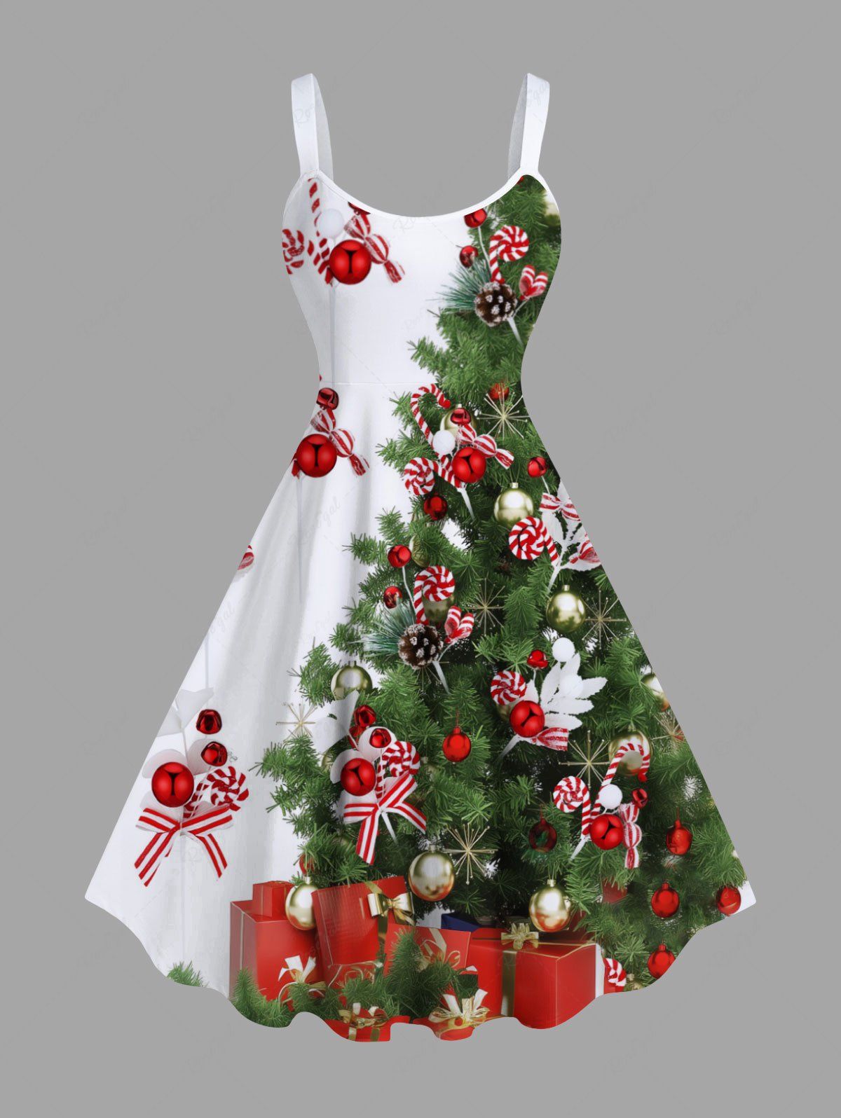 Store Plus Size Christmas Tree Ball Candy Bowknot Print A Line Dress  