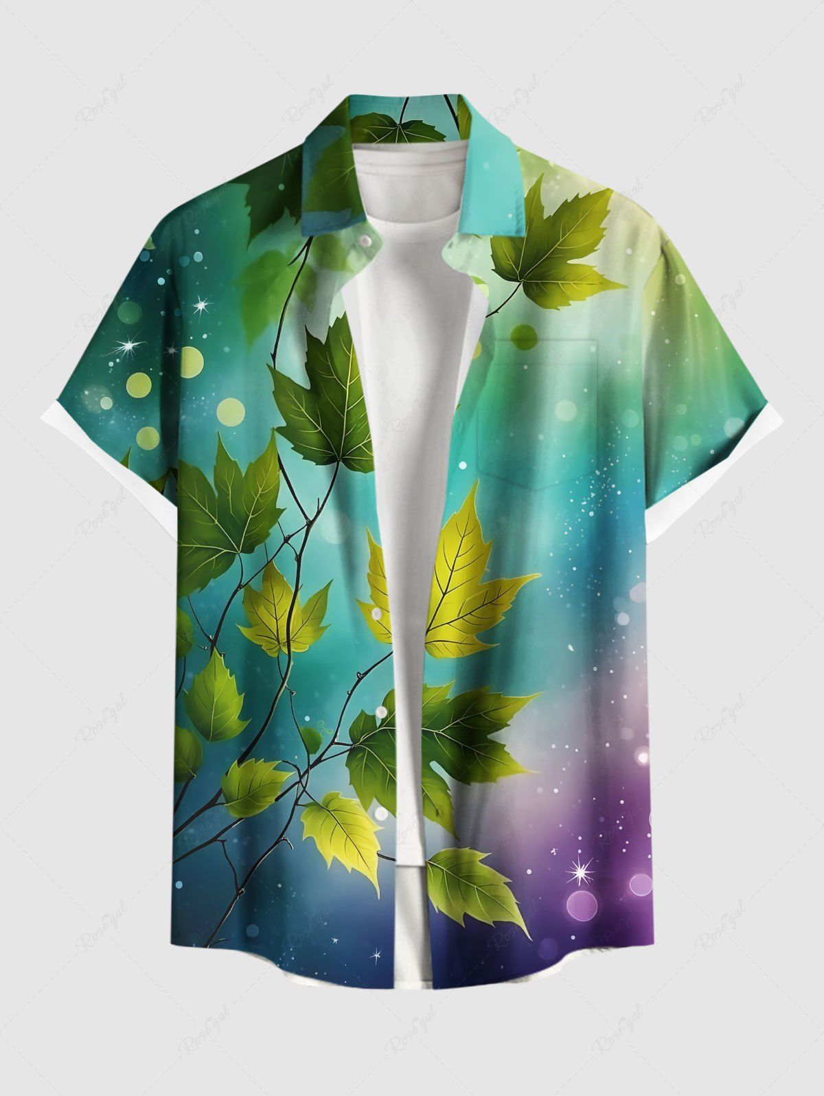 Hot Plus Size Leaf Branch Ombre Light Spot Print Hawaii Button Pocket Shirt For Men  