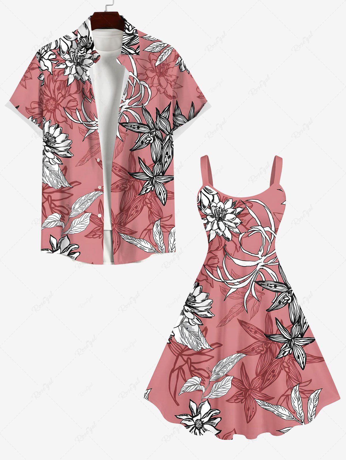 Hot Floral Leaf Print Plus Size Matching Hawaii Beach Outfit For Couples  