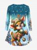 T-shirt Boule Sapin de Noël et Flocon de Neige Imprimés de Grande Taille - Bleu 3X