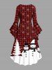 Plus Size Christmas Tree Plaid Snowman Snowflake Print Ruched Flare Sleeve High Low Dress -  