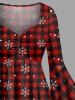 Plus Size Christmas Tree Plaid Snowman Snowflake Print Ruched Flare Sleeve High Low Dress -  