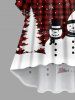 Plus Size Christmas Tree Plaid Snowman Snowflake Print Ruched Flare Sleeve High Low Dress -  