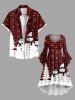 Plus Size Christmas Tree Plaid Snowman Snowflake Print Ruched Flare Sleeve High Low Dress -  