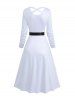 Robe Ligne A Croisée en Couleur Unie à Manches Longues avec Ceinture Nouée - Blanc XS