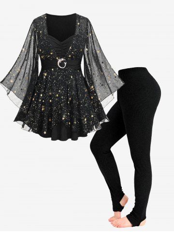 Foil Stamping Star Printed Buckle Ruched Sheer Layered T-shirt and Ribbed Solid Stirrup Leggings Plus Size Outfit - BLACK