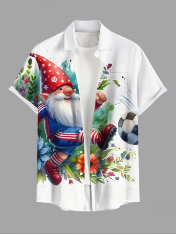 Plus Size Christmas Dwarf Football Watercolor Floral Leaf Branch Print Button Pocket Shirt For Men - WHITE - S