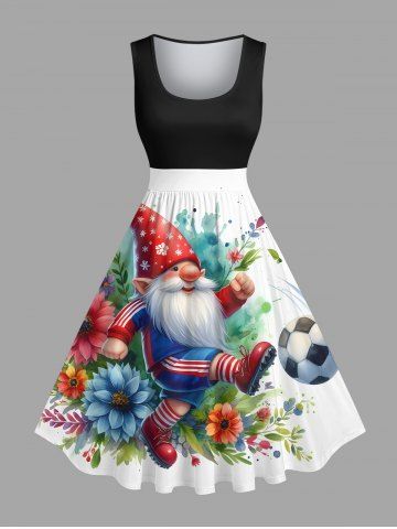 Plus Size Christmas Dwarf Football Watercolor Floral Leaf Branch Print Vintage Swing A Line Dress - CRYSTAL CREAM - XS