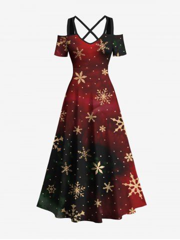 Plus Size Christmas Snowflake Floral Pin Dot Tie Dye Ombre Print Crisscross A Line Maxi Dress - DEEP RED - XS