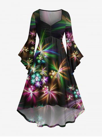 Plus Size Colorful Glitter Fireworks Floral Print Party New Years Eve Ruched High Low Asymmetric Dress - BLACK - XS