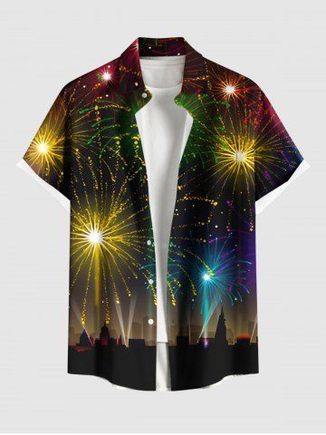 Plus Size Glitter Fireworks City Print Party New Years Eve Button Shirt For Men - BLACK - 3XL