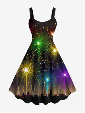 Plus Size Glitter Fireworks City Print Party New Years Eve A Line Tank Dress - BLACK - M