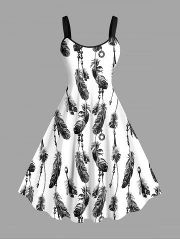 Plus Size Feather Tassel Print Hawaii A Line Tank Dress - WHITE - XS