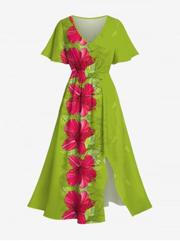 Plus Size Tropical Leaf Hibiscus Flower Print Split Hawaii Midi Dress - GREEN - 6X