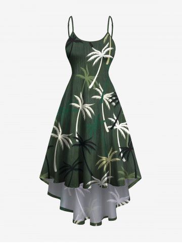 Plus Size Coconut Tree Print High Low Hawaii Cami Dress - DEEP GREEN - XS