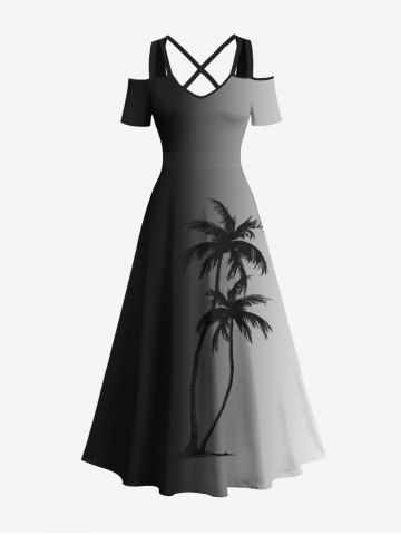 Plus Size Coconut Tree Ombre Colorblock Print Cold Shoulder Crisscross Hawaii Maxi Dress
