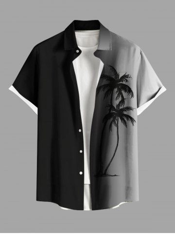 Plus Size Coconut Tree Ombre Colorblock Print Buttons Pocket Hawaii Shirt For Men - BLACK - M