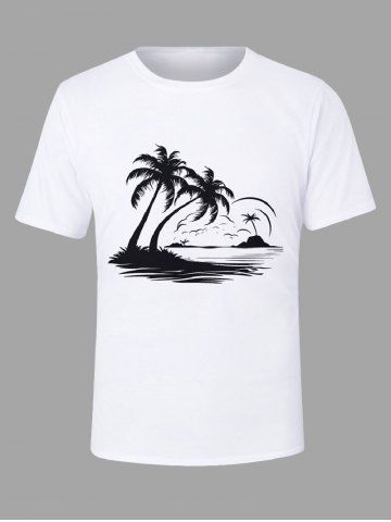 Plus Size Coconut Tree Bird Seascape Print Hawaii T-shirt For Men - WHITE - 4XL
