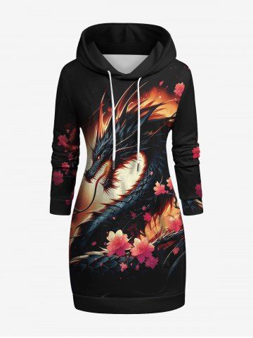 Plus Size Dragon Branch Floral Print Pocket Drawstring Pullover Long Sleeves Hoodie - BLACK - 6XL