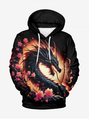 Plus Size Dragon Branch Floral Print Pocket Drawstring Pullover Long Sleeves Hoodie For Men - BLACK - 5XL