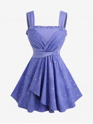 Plus Size Star Silver Stamping Ruched Ruffles Tulip Hem Tank Top - LIGHT BLUE - M | US 10