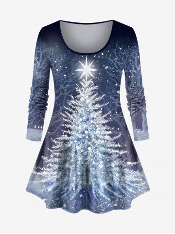 Plus Size Christmas Tree Star Snowflake Forest Print T-shirt - BLUE GRAY - S