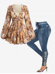 Floral Printed Embroidery Ruched Surplice 2 in 1 Blouse and Skinny Leggings Plus Size Outfit -  