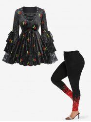 Cherry Embroidery Lace Up Drawstring Flare Sleeve Top and Sparkling Sequin 3D Print Leggings Plus Size Outfit -  