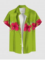 Plus Size Tropical Leaf Hibiscus Flower Print Buttons Pocket Hawaii Shirt For Men -  
