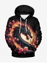Plus Size Dragon Branch Floral Print Pocket Drawstring Pullover Long Sleeves Hoodie For Men -  