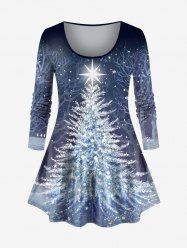 T-shirt grande taille imprimé sapin de Noël, étoiles, flocons de neige et forêt - Bleu-gris 2X