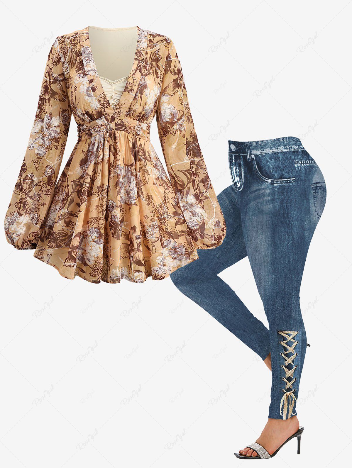 Hot Floral Printed Embroidery Ruched Surplice 2 in 1 Blouse and Skinny Leggings Plus Size Outfit  