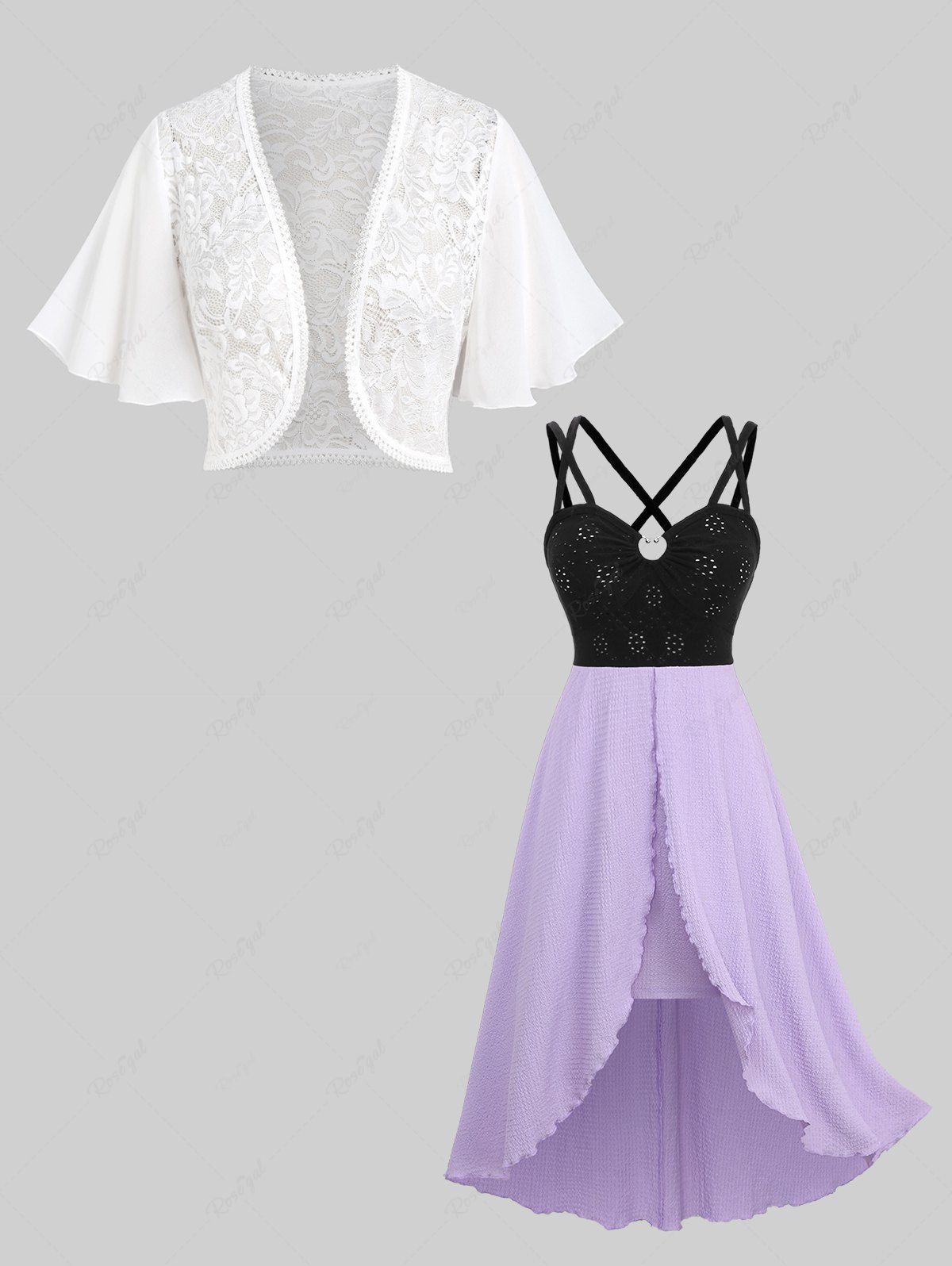 Affordable Lace Bolero Jacket and Cinched Laser Cut Hollow Out Crisscross Strappy Flounce Hem Dress Plus Size Outfit  