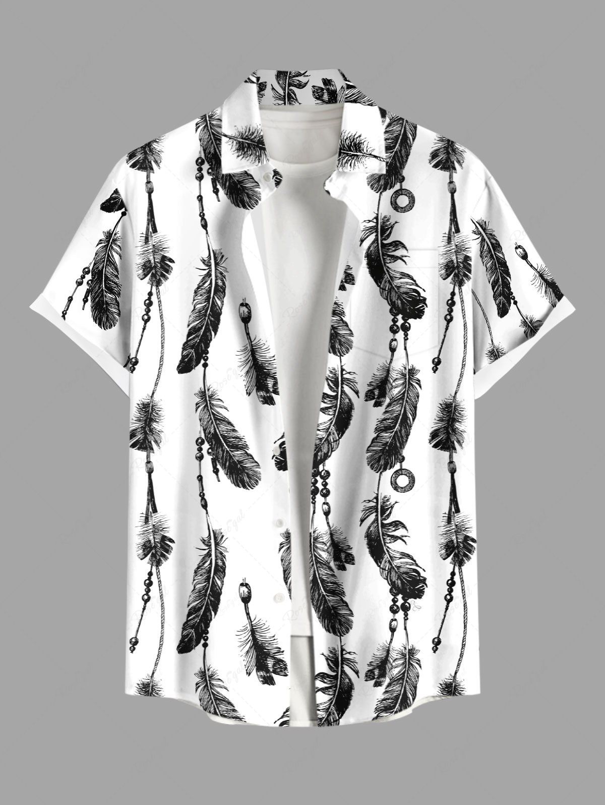 Discount Plus Size Feather Tassel Print Hawaii Button Pocket Shirt For Men  