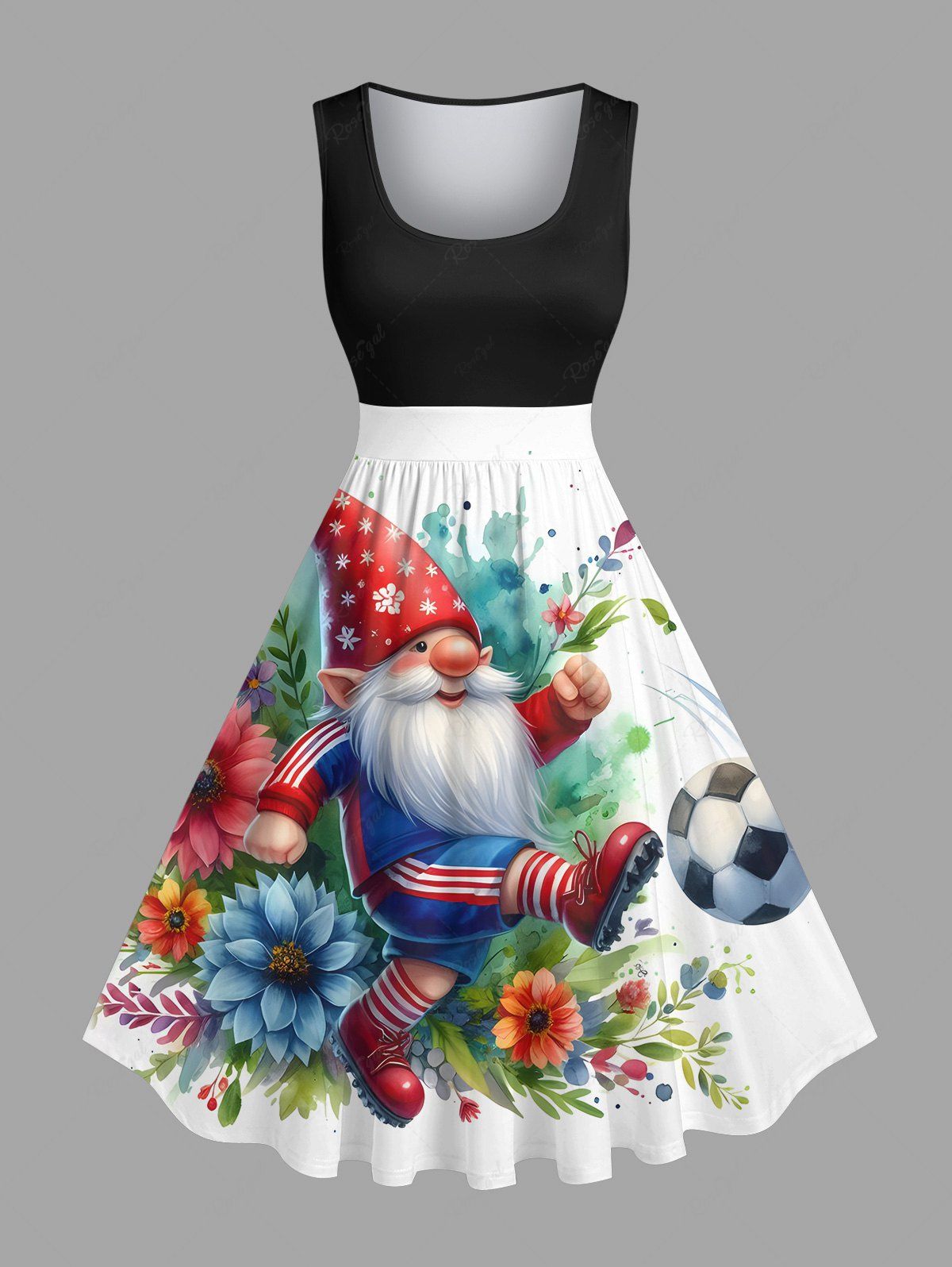 Outfits Plus Size Christmas Dwarf Football Watercolor Floral Leaf Branch Print Vintage Swing A Line Dress  