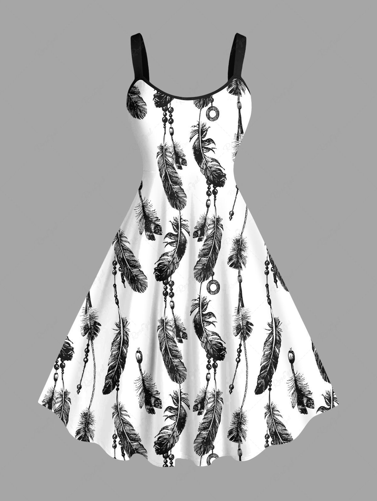 Fashion Plus Size Feather Tassel Print Hawaii A Line Tank Dress  