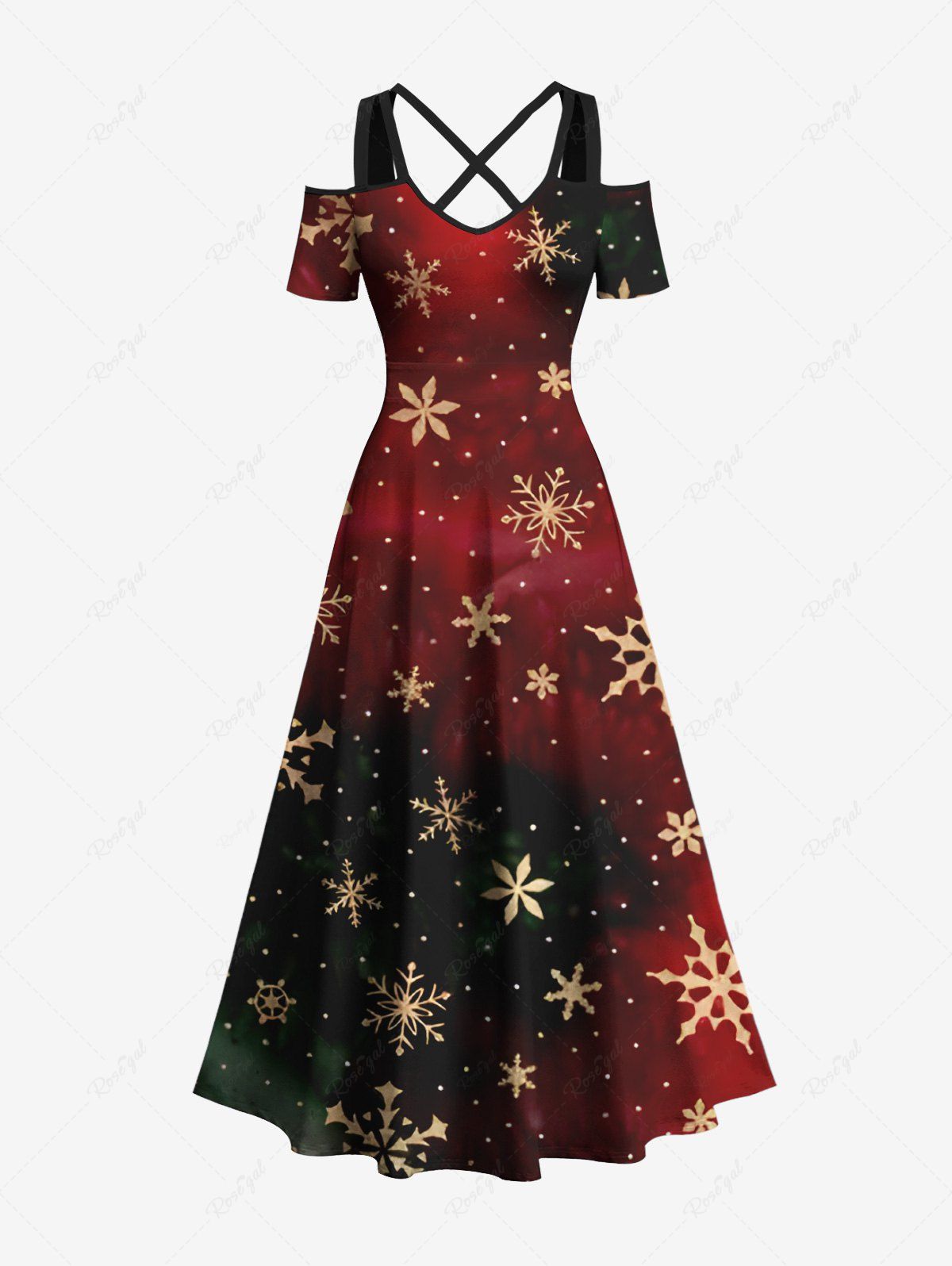 Latest Plus Size Christmas Snowflake Floral Pin Dot Tie Dye Ombre Print Crisscross A Line Maxi Dress  