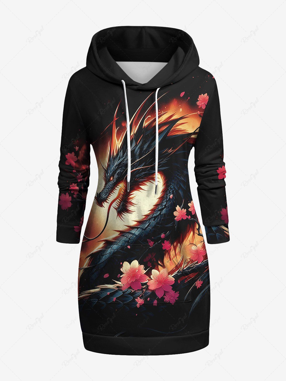 Best Plus Size Dragon Branch Floral Print Pocket Drawstring Pullover Long Sleeves Hoodie  