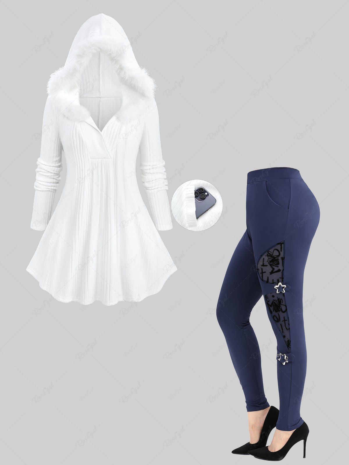 Chic Ribbed Surplice Fleece Trim Hooded Top and Flocking Mesh Leggings Plus Size Outfit  