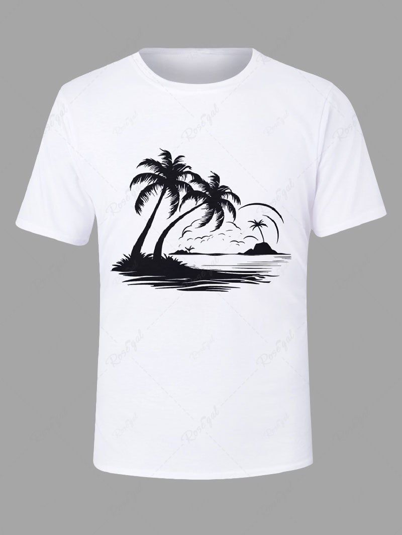 Hot Plus Size Coconut Tree Bird Seascape Print Hawaii T-shirt For Men  