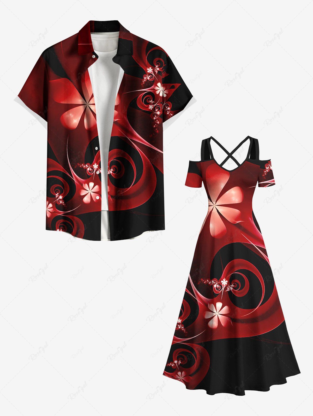 Chic Ombre Floral Ribbon Print Plus Size Matching Outfit For Couples  