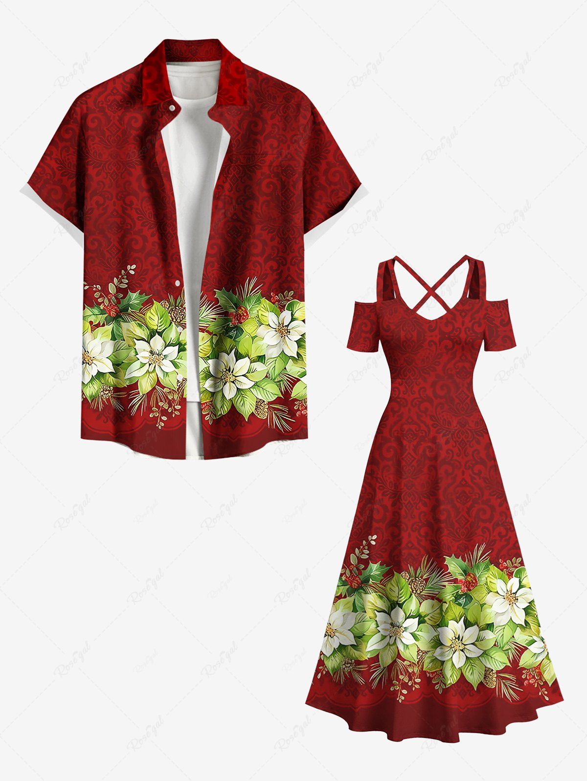 Costume de Plage Transparent Texturé Imprimé Feuilles et Fleurs Grande Taille pour Couples Rouge 